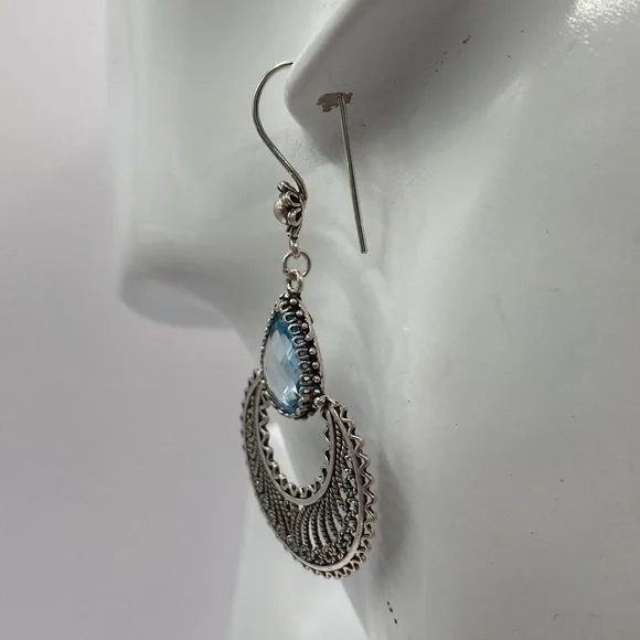 Hand Crafted Sterling Silver Blue Topaz Gemstone Earrings Pierced - Picture 11 of 12